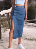 Women's Denim Fashion Designer High Waist Button Split Skirts (Midi)-Women's Fashion Designer Skirts