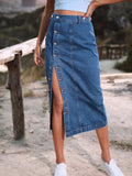Women's Denim Fashion Designer High Waist Button Split Skirts (Midi)-Women's Fashion Designer Skirts