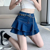 Women's Denim Fashion Designer Ruffled Trim Mini Skirts (Short)-Women's Fashion Designer Skirts