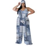 Women's Denim Print Wide Leg Pants S-2XL Fashion Designer Jumpsuits