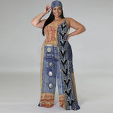 Women's Denim Print Wide Leg Pants S-2XL Fashion Designer Jumpsuits