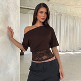 Women's Designer S-L Off-Shoulder Lace Crop Tops Fashion T-Shirts