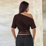 Women's Designer S-L Off-Shoulder Lace Crop Tops Fashion T-Shirts