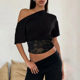 Women's Designer S-L Off-Shoulder Lace Crop Tops Fashion T-Shirts