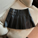 Women's Double Buckled Pleated Fashion Designer Mini Skirts (Short)