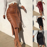 Women's Double Split S-XL Fashion Designer Faux Leather Skirts (Midi)