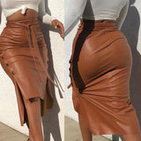 Women's Double Split S-XL Fashion Designer Faux Leather Skirts (Midi)