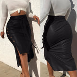 Women's Double Split S-XL Fashion Designer Faux Leather Skirts (Midi)
