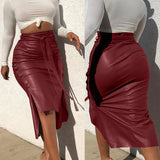 Women's Double Split S-XL Fashion Designer Faux Leather Skirts (Midi)