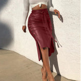 Women's Double Split S-XL Fashion Designer Faux Leather Skirts (Midi)