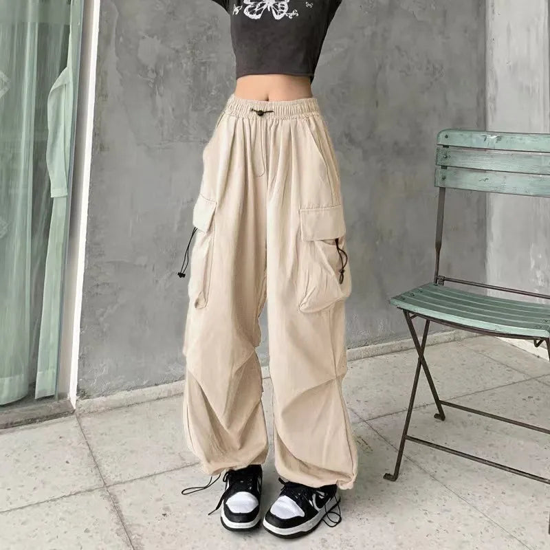 Women's Draw String Fashion Designer Cargo Wide Leg Pants