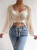 Women's Draw String Fashion Designer Sexy Close-Fitting Long-Sleeve Tops