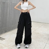 Women's Draw String S-2XL Fashion Designer Cargo Wide Leg Pants-Women's Fashion Designer Leggings / Pants-BK-Women&#x27;s fashion designer plus size clothes