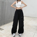 Women's Draw String S-2XL Fashion Designer Cargo Wide Leg Pants