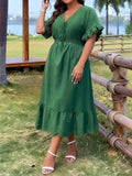 Women's Fashion Designer 1-5XL Waist-Tie Ruffle Midi Dresses (Plus Size)-Women's Fashion Designer Plus Size Dresses-International Women's Clothing