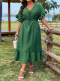 Women's Fashion Designer 1-5XL Waist-Tie Ruffle Midi Dresses (Plus Size)-Women's Fashion Designer Plus Size Dresses-International Women's Clothing
