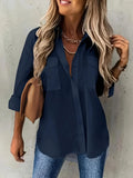 Women's Fashion Designer 2-4XL Blouse Lapel Long-Sleeve Tops (Plus Size)-Navy Blue-3XL