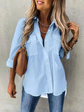Women's Fashion Designer 2-4XL Blouse Lapel Long-Sleeve Tops (Plus Size)-SKY BLUE-3XL