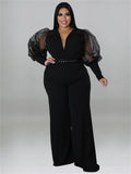 Women's Fashion Designer Belted Puffed 2-5XL Jumpsuits (Plus Size)-Women's Fashion Designer Rompers / Jumpsuits-Black-Women&#x27;s fashion designer plus size clothes