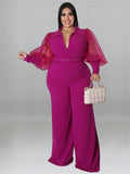 Women's Fashion Designer Belted Puffed 2-5XL Jumpsuits (Plus Size)-Women's Fashion Designer Rompers / Jumpsuits-Purple-Women&#x27;s fashion designer plus size clothes
