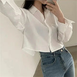 Women's Fashion Designer Crop Office Shirt Split Back Long-Sleeve Tops-Women's Fashion Designer Long-Sleeve Tops