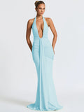 Women's Fashion Designer Deep V Neck S-L Draped Ruched Dresses (Long)