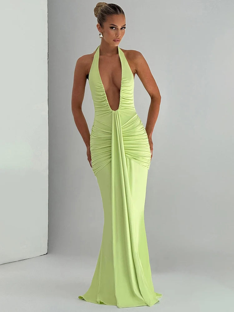 Women's Fashion Designer Deep V Neck S-L Draped Ruched Dresses (Long) International Women's Clothing Women's Fashion Designer Deep V Neck S-L Draped Ruched Dresses (Long) International Women's Clothing