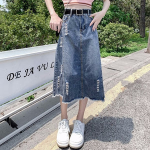 Women's Fashion Designer Denim Distressed Midi Skirts (Plus Size)