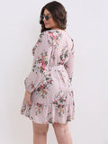 Women's Fashion Designer Floral Chiffon V Neck Short Dresses (Plus Size)