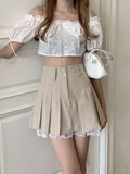 Women's Fashion Designer Lace Trim Pleated Skirts (Short)