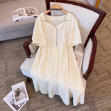 Women's Fashion Designer Pleated Button 2-12XL Short Dresses (Plus Size)-Women's Fashion Designer Plus Size Dresses-WHITE-Women&#x27;s fashion designer plus size clothes