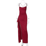 Women's Satin S-L Fashion Designer Ruffle Split Dresses (Long)-Women's Fashion Designer Dresses-Wine-Women&#x27;s fashion designer plus size clothes