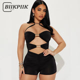Women's Fashion Designer S-L Metal Rings Backless Rompers-Women's Fashion Designer Rompers / Jumpsuits-Black-Women&#x27;s fashion designer plus size clothes