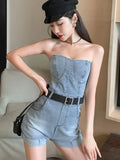 Women's Fashion Designer S-L Off Shoulder Denim Backless Rompers