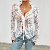 Women's Fashion Designer S-XL Lace Flared Long-Sleeve Tops