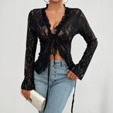 Women's Fashion Designer S-XL Lace Flared Long-Sleeve Tops
