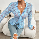 Women's Fashion Designer S-XL Lace Flared Long-Sleeve Tops