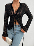 Women's Fashion Designer S-XL Lace Flared Long-Sleeve Tops