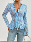 Women's Fashion Designer S-XL Lace Flared Long-Sleeve Tops