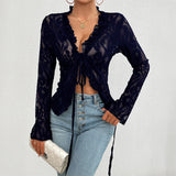 Women's Fashion Designer S-XL Lace Flared Long-Sleeve Tops