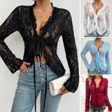 Women's Fashion Designer S-XL Lace Flared Long-Sleeve Tops