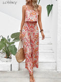 Women's Fashion Designer Wide Leg Jumpsuits Casual Sleeveless Floral Rompers