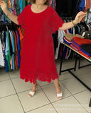 Women's Fashion Embroidery Designer S-3XL Flower Midi Dresses (Plus Size)-Red-S