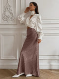 Women's Fashion S-L Designer Satin Leopard Print Skirts (Long)-Women's Fashion Designer Skirts-Light Brown-Women&#x27;s fashion designer plus size clothes