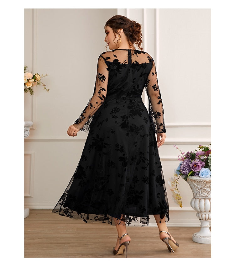 Women's Flare Mesh Sleeve Shoulder Fashion Designer Long Dresses (Plus Size)