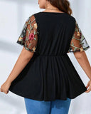 Women's Floral Embroidered Mesh Tops Fashion Designer Blouse T-Shirts (Plus Size)