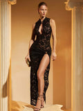 Women's Floral Bodycon Fashion Designer Lace Split Dresses (Long)-Women's Fashion Designer Dresses