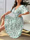 Women's Floral Drawstring Fashion Designer 1-5XL Long Dresses (Plus Size)-Women's Fashion Designer Plus Size Dresses-International Women's Clothing