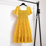 Women's Floral Fashion Designer Chiffon Ruched Dresses (Midi)-Women's Fashion Designer Dresses-Yellow-Women&#x27;s fashion designer plus size clothes