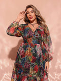 Women's Floral Print 1-4XL Chiffon Fashion Designer Long Dresses (Plus Size)
